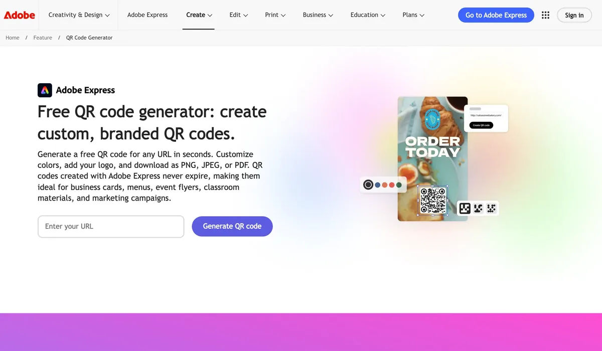 Adobe Express's free QR code generator landing page, showing the URL input, generate button and a styled example QR code