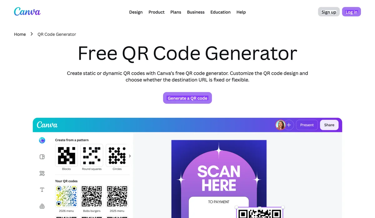 Canva's QR code generator page, showing the create-from-pattern options and a purple 'Scan Here' design with an embedded QR code