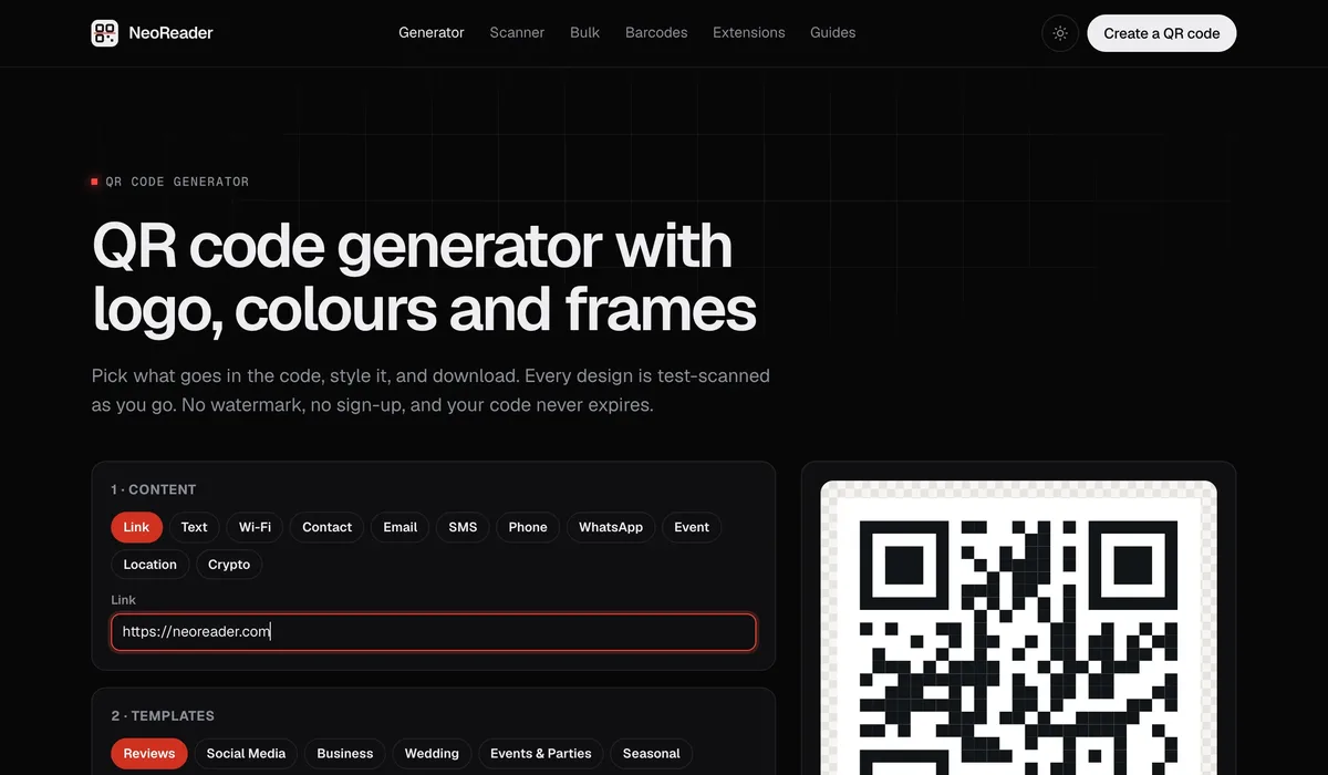 NeoReader's QR code generator, showing content-type tabs including Wi-Fi, contact, WhatsApp, event, location and crypto, with a live QR preview marked 'Scans Perfectly'