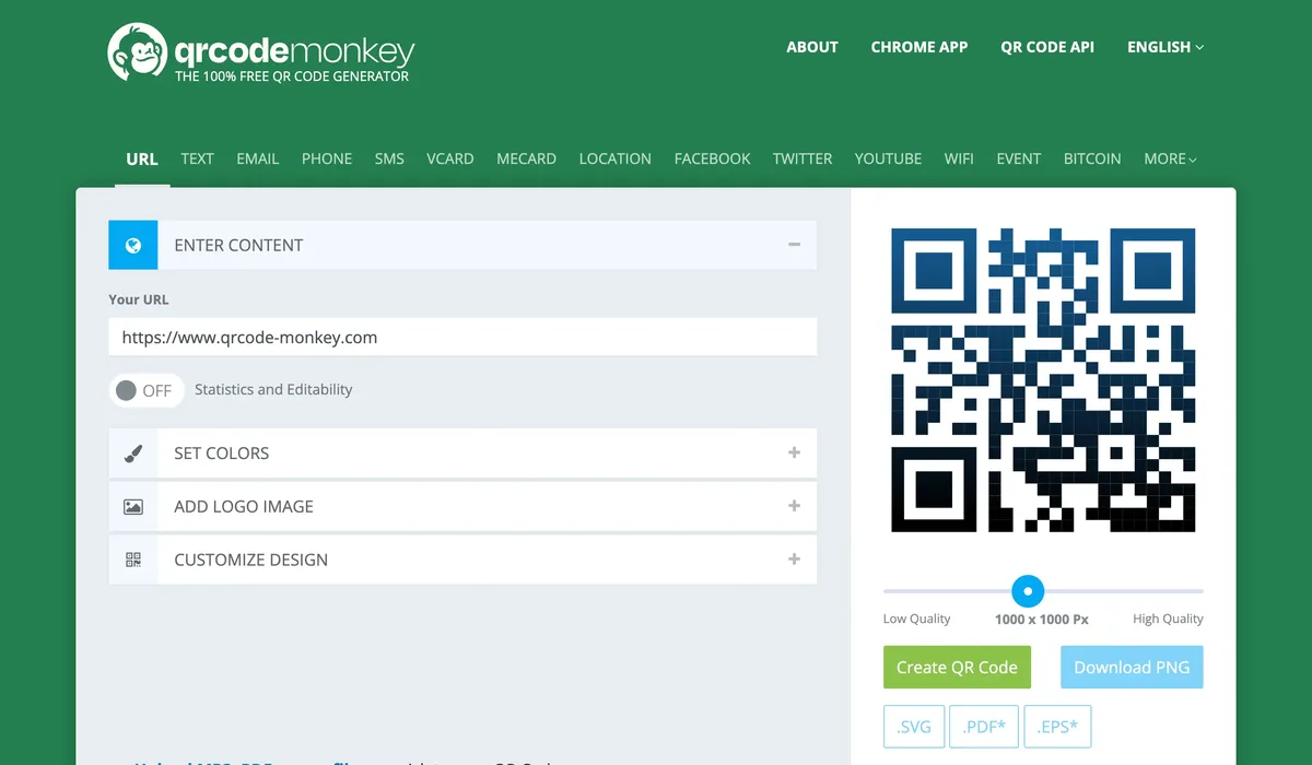 QRCode Monkey's QR code generator interface, showing colour, logo and design customisation panels next to a generated QR code