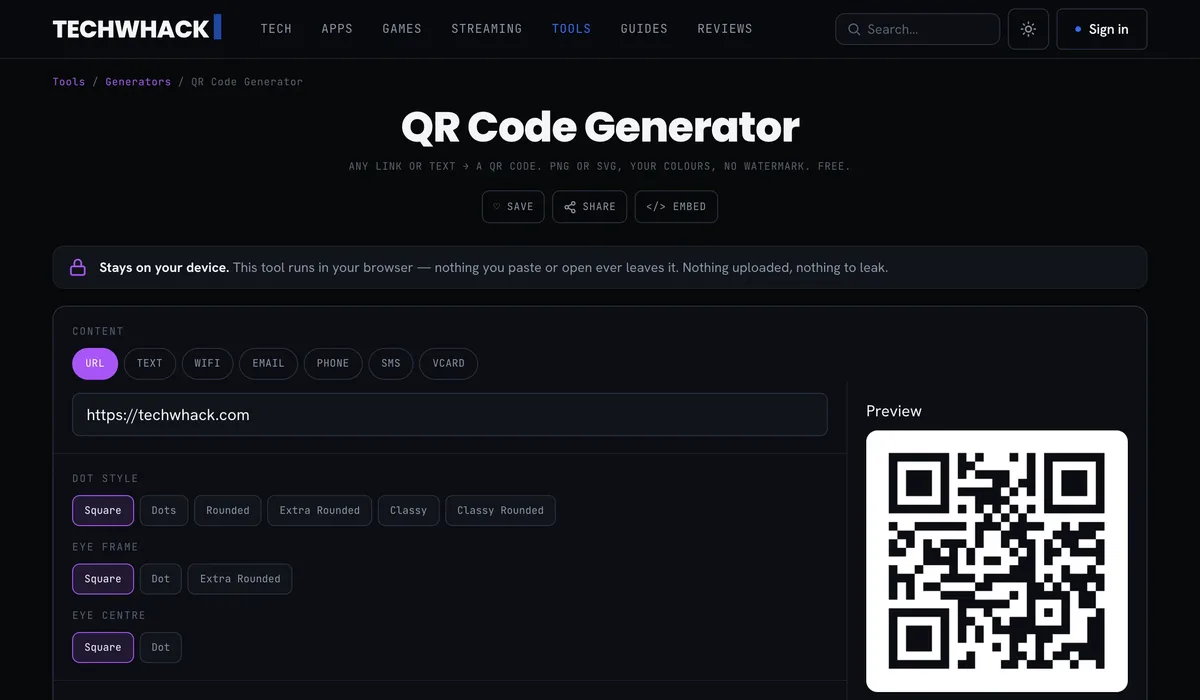 TechWhack's QR code generator, showing dot style, eye frame and colour controls next to a live QR code preview with download buttons