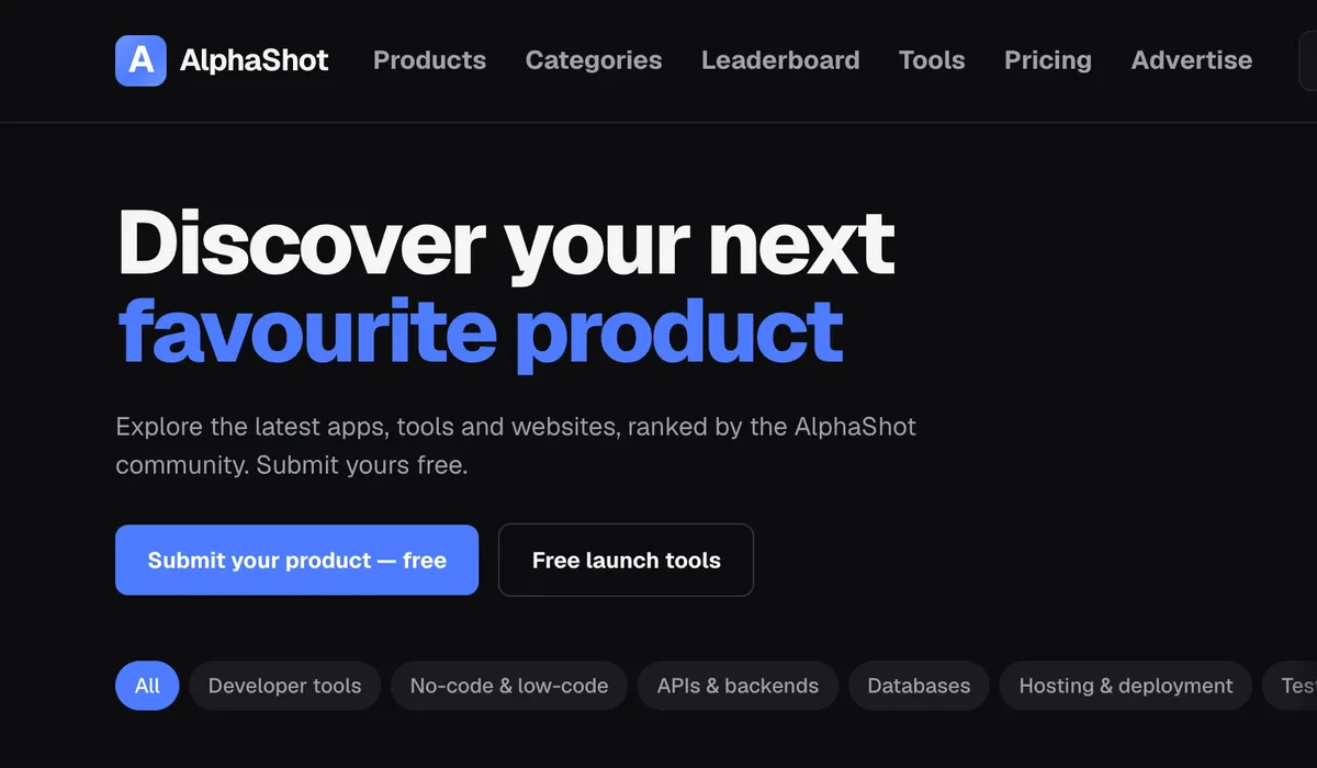 AlphaShot's homepage, with the 'Discover your next favourite product' heading, a free submit button and product category filters