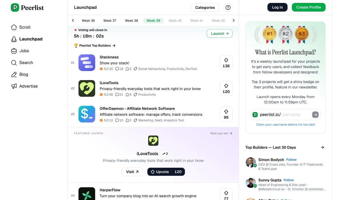 Peerlist Launchpad showing the week's ranked product launches with upvote counts and a voting countdown