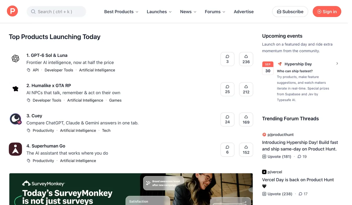 Product Hunt's homepage, listing the top products launching today with comment and upvote counts