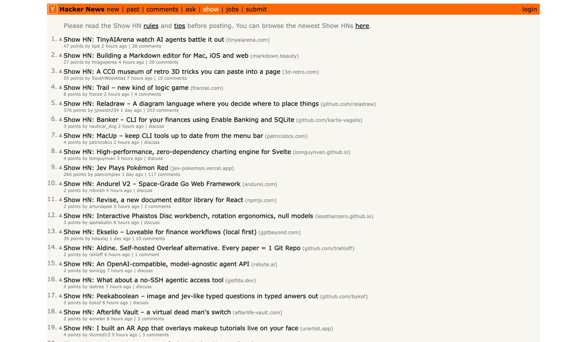 The Show HN page on Hacker News, listing community-submitted projects with points and comment counts